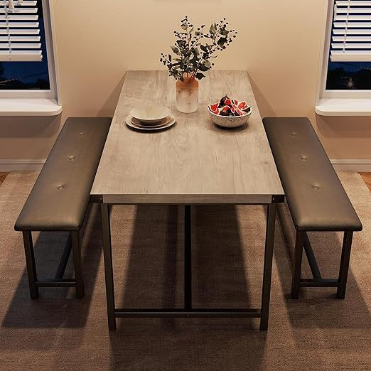 Fancihabor Dining Table Set for 4, Kitchen Table with Benches, Rectangular Dining Room Table Set with Upholstered Benches,