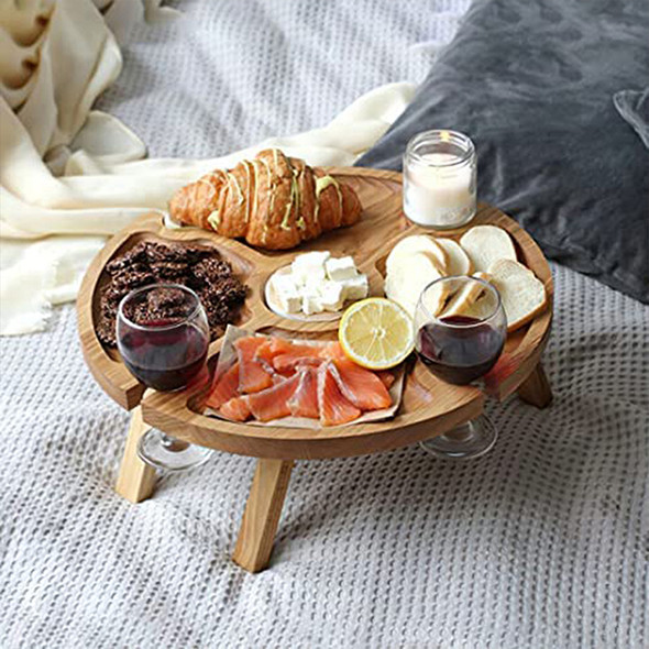 1Pc Wooden Round Foldable Tables Dried Fruit Tray With Wine Glass Holder For Outdoor Picnic Garden Party Fruit Snack Pastry Tray