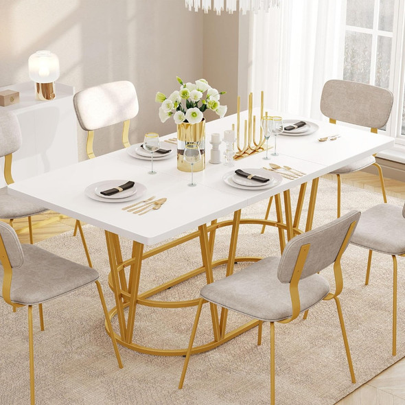 70.3" Modern Dining Table with Faux Marble Top and Gold Geometric Legs, Wooden Dining Table for Dining Room Gatherings, White