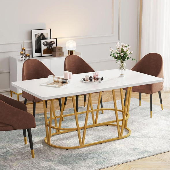 70.3" Modern Dining Table with Faux Marble Top and Gold Geometric Legs, Wooden Dining Table for Dining Room Gatherings, White 70.3" Modern Dining Table with Faux Marble Top and Gold Geometric Legs, Wooden Dining Table for Dining Room Gatherings, White