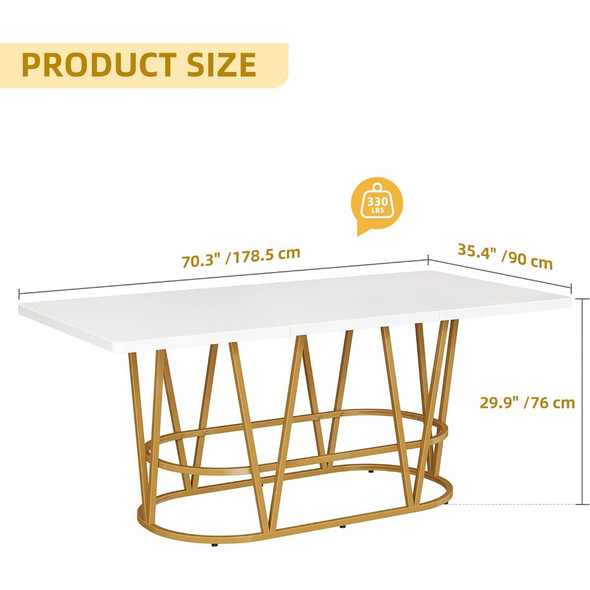70.3" Modern Dining Table with Faux Marble Top and Gold Geometric Legs, Wooden Dining Table for Dining Room Gatherings, White