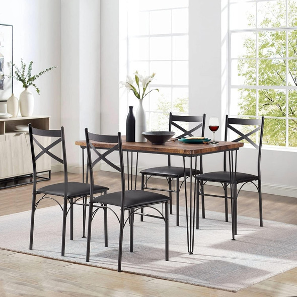 Dining Table for 4 5-Piece Set for Home Kitchen Breakfast Nook Living Room Center Table Salon Black With 4 Chairs Retro Brown