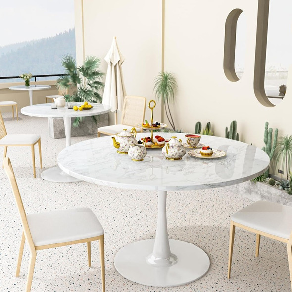 DKLGG White Marble Round Dining Table, 42.1" Tulip Table Kitchen Dining Table 4-6 People with MDF Table Top & Pedestal Base DKLGG White Marble Round Dining Table, 42.1" Tulip Table Kitchen Dining Table 4-6 People with MDF Table Top & Pedestal Base