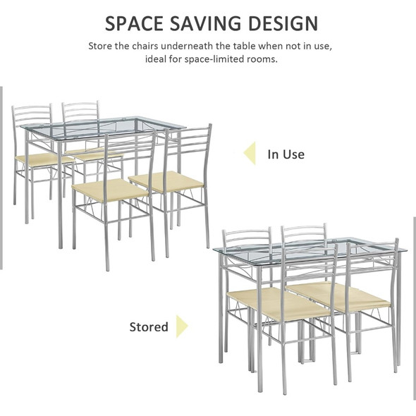 Dining table, 5-piece set for 4 people, with chairs, glass countertop, small space, silver, kitchen, dining table set
