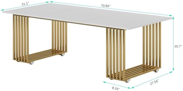 70.8 Inches Modern Dining Table for 6-8, Wood Rectangular White Gold Long Kitchen Table with Gold Metal Legs for Dining Room