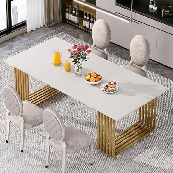 70.8 Inches Modern Dining Table for 6-8, Wood Rectangular White Gold Long Kitchen Table with Gold Metal Legs for Dining Room