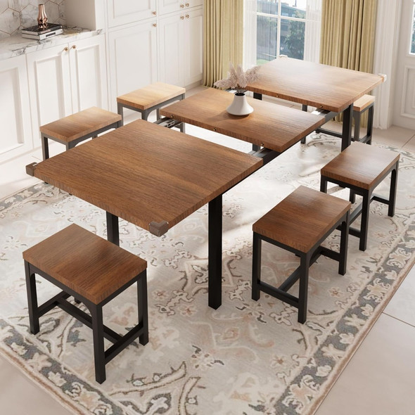 7 Piece Dining Table Set with 6 Stools, 63" Retractable Kitchen Table for 4-8 People, with Heavy Duty Frame for Easy Assembly