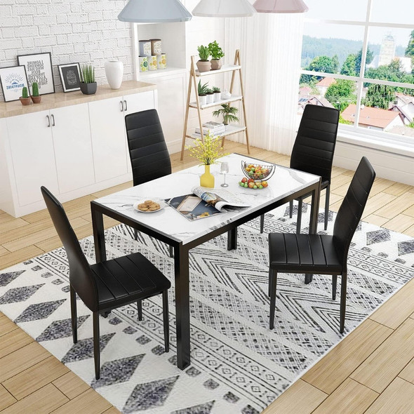 5-Piece Faux Marble Kitchen Table & Chair Set,4 PU Metal Frame Chairs for Small,Modern Compact Space for Home,M comedor4 sillas