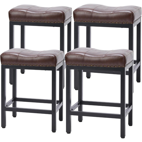 Bar Stools Set of 4, Counter Height 24 Inch Saddle Stools, Modern PU Leather Barstools with Metal Base and Footrest, Upholstered