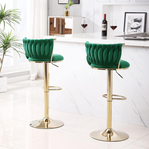 Velvet Bar Stools Set of 4,360° Woven Modern Gold Bar Stools,Swivel Adjustable Height Barstools with Backs Gold Metal