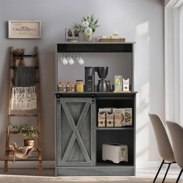 Farmhouse Coffee Bar Cabinet with 6 Hooks, Kitchen Buffet Cabinet with 9 Wine Racks, 47” Coffee Bar Table with Sliding Barn Door