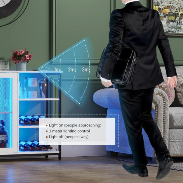 LED Farmhouse Coffee Bar Cabinet, Wine Cabinets with Removable Wine Rack, Buffet Cabinet with Motion Sensor for Kitchen, Dining