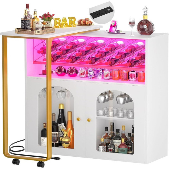 Rotating Wine Bar Cabinet, Tall Home Bar with LED Lights & Power Outlets, Liquor Bar Cabinet with Wine Rack &