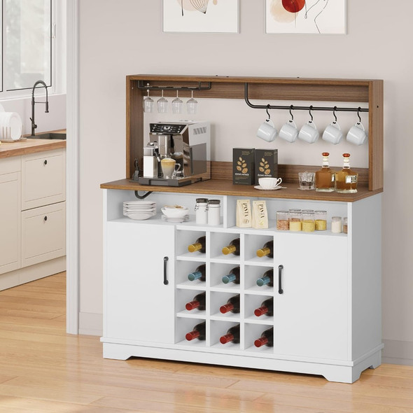 55" Farmhouse Coffee Bar Cabinet, Wine Buffet Cabinet with Goblet Holder