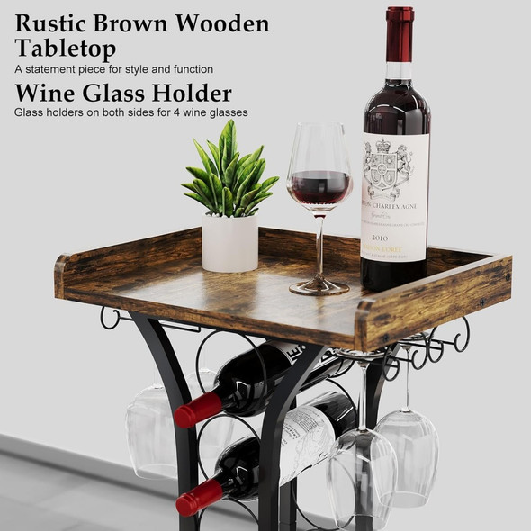 Freestanding Floor,Mini Bar Table Wine Holder Stand Liquor Cabinet with Glass Holder Wood Tabletop 14 Bottles Floor Wine Storage