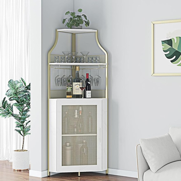 Corner Wine Bar Cabinet with Drawer with Glass Holder Small Sideboard and Buffet Mesh Door for Liquor and Glasses, Gold