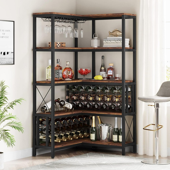 Large Corner Wine Rack, 5-Tier L Shaped Industrial Freestanding Floor Bar Cabinets for Liquor and Glasses Storage