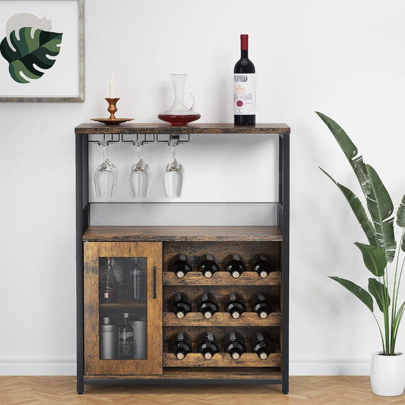 Wine Bar Rack Cabinet with Detachable Wine Rack, Bar Cabinet with Glass Holder, Small Sideboard and Buffet Cabinet with Mesh