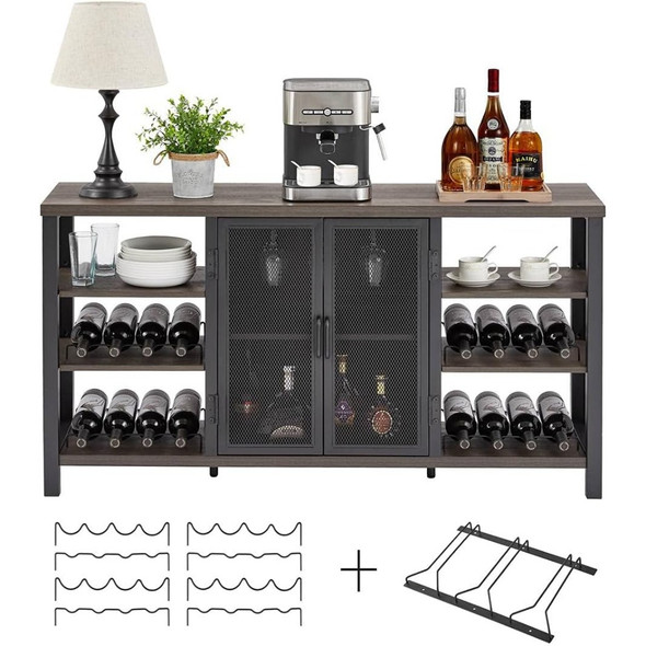 Industrial Wine Bar Cabinet for Liquor and Glasses Wood Coffee Bar With Wine Rack Metal Sideboard and Buffet Cabinet (55 Inch