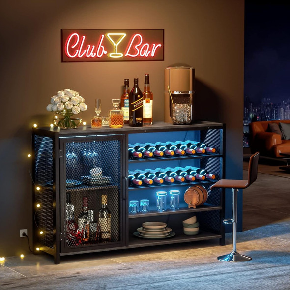 Bar Cabinet Wine Refrigerator Bar Wine Cabinet With LED Lights for Dining Living Room Kitchen Gray Showcases Display