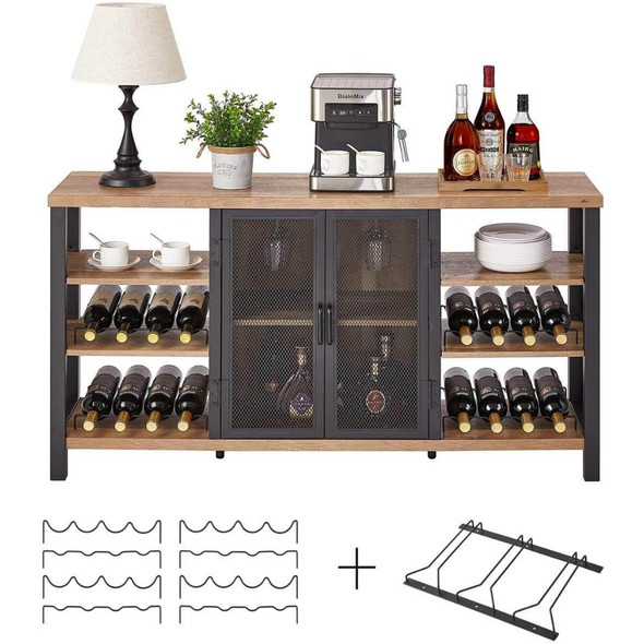 Industrial Wine Bar Cabinet for Liquor and Glasses, with Wine Rack, Metal Sideboard and Buffet Cabinet (55 Inch, Rustic Oak)
