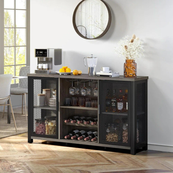 Home Bar Cabinet for Liquor and Glasses, Coffee Bar Cabinet w/Wine Racks, Mesh Door, Glass Holders, Industrial Storage Buffet