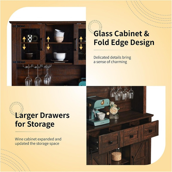 72" Coffee Bar Wine Cabinet with Sliding Barn Door & LED Lights, Sideboard Buffet Cabinet with Wine Bottle Rack, 3 Drawers 72" Coffee Bar Wine Cabinet with Sliding Barn Door & LED Lights, Sideboard Buffet Cabinet with Wine Bottle Rack, 3 Drawers