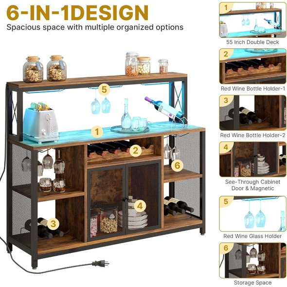 YITAHOME Coffee Wine Bar Cabinet with LED Light, Liquor Cabinet with Storage for Home, Industrial Buffet Cabinet 55" Bar Table