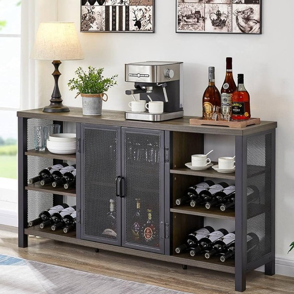 Wine Rack Wooden Industrial Bar Wine Cabinet with Wine Rack, Metal Sideboard and Buffet (55", Walnut Brown)