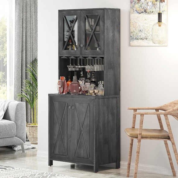 Farmhouse Bar Cabinet for Liquor and Glasses, Dining Room Kitchen Cabinet with Wine Rack, Upper Glass Cabinet, Open Storage