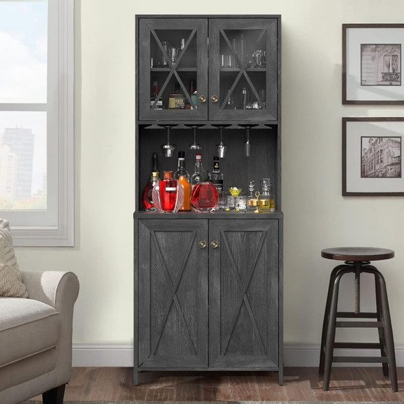 Farmhouse Bar Cabinet for Liquor and Glasses, Dining Room Kitchen Cabinet with Wine Rack, Upper Glass Cabinet, Open Storage