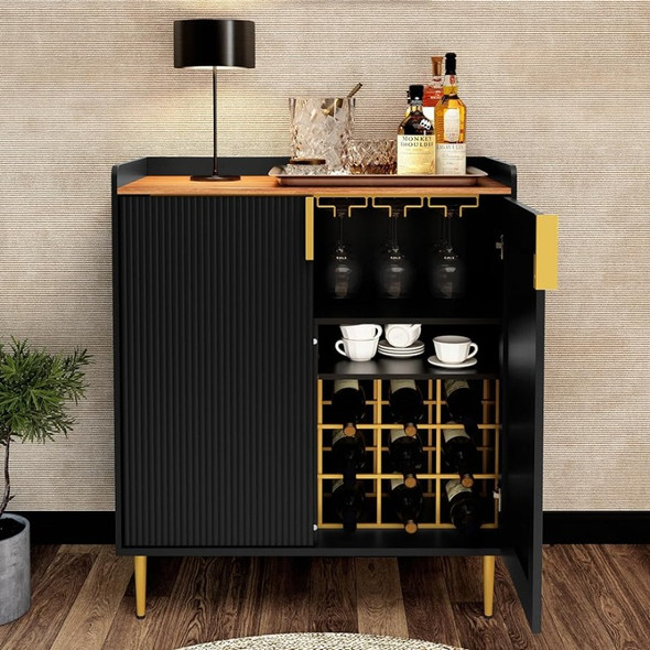 ARTPOWER Sideboard Buffet Cabinet with Fluted Textured, Modern Coffee Bar Cabinet with Wine Rack&Drawers, Black Liquor Cabinet