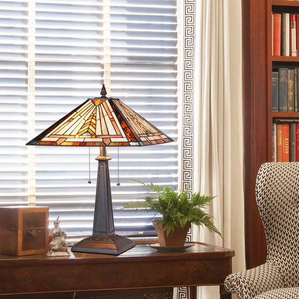 Tiffany Table Lamp Stained Glass Desk Light Shade 2 Light Mission Style Vintage Book Lamp For Living Room Bedroom