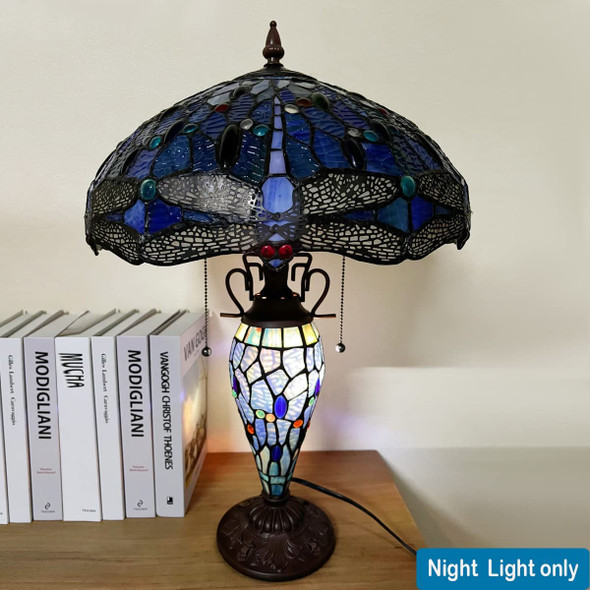 Tiffany Table Lamp 3-Light with Nightlight Rustic Antique Blue Dragonfly Style Desk Light For Home Office Living Room Bedroom