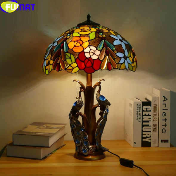 FUMAT Tiffany Style Table Light Red Rose Green Blue Pink Yellow Grape Stained Glass Shade Peacock Resin Frame Art Deco Desk Lamp