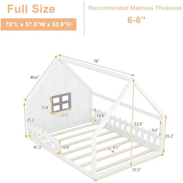 Full Size House Bed for Kids,Wood Montessori Floor Bed with Fence and Window Full Floor Bed with Rails for Girls Boys