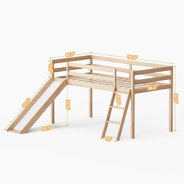 Low Loft Bed with Slide with Interchangeable Climbing Ladder & Storage Space for Kids Toddler Wood Twin Loft Bed Frame