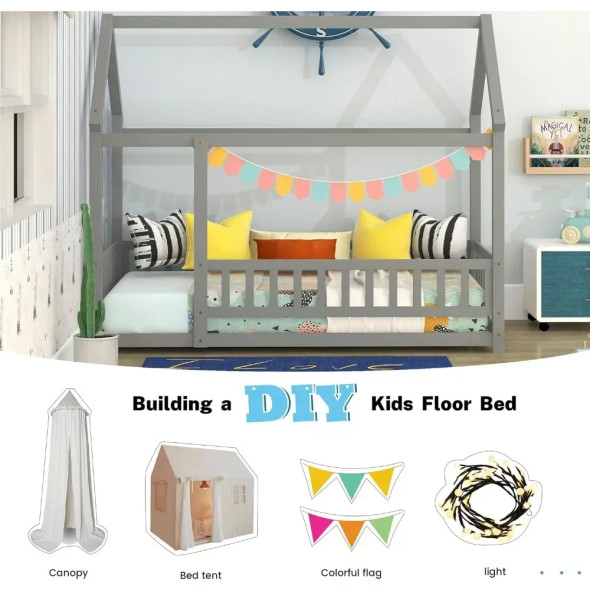 Twin Room Floor Bed, Wooden Montessori Bed, Kids with Fence and Roof, Girls, Boys (Twin, Gray)