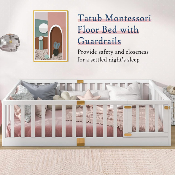 Full Floor Bed with Safety Guardrails and Door Montessori Floor Bed for Kids, Wood Kids Floor Beds Frame Door Can Install Left