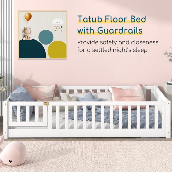 Twin Size Floor Bed with Safety Guardrails and Door and Slats, Toddler Floor Bed Frame for Girls and Boys, Wood Montessori Floor