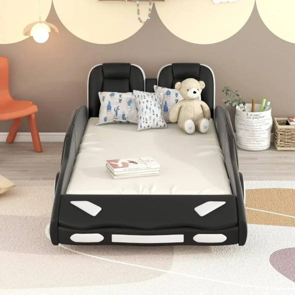Twin Size Race Car-Shaped Platform Bed with Wheels and Guardrail,Kids Bed Frame for Child's Bedroom,Black