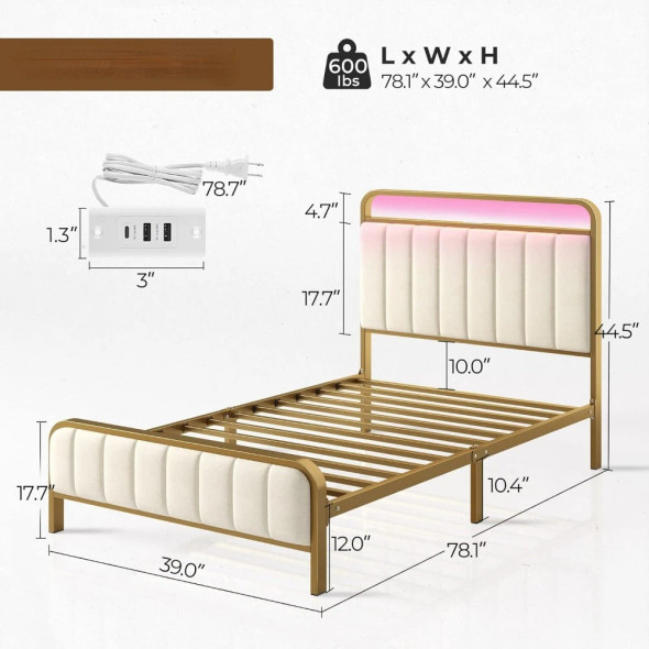 Easy Assembly Kids Bed Frame Twin Size Bed Frame With LED Light and Charging Station Noise Free Metal Slat Golden Bases & Frames