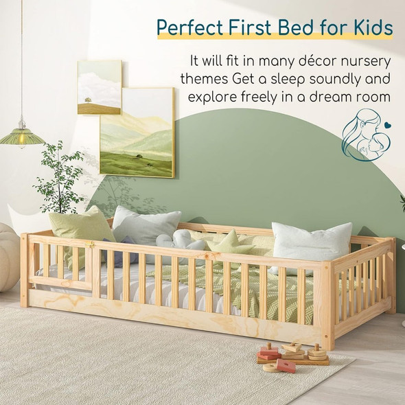 Bed with Safety Guardrails and Slats Toddler Floor Bed Frame Twin Size for Girls and Boys Wood Montessori Floor Bed for Kids