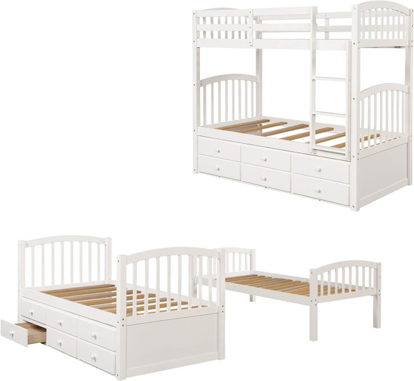 Wooden Bunk Bed Twin Over Twin Size with Trundle and 3 Storage Drawers, Detachable Bunkbeds Frame for Kids Teens Adults Bedroom,