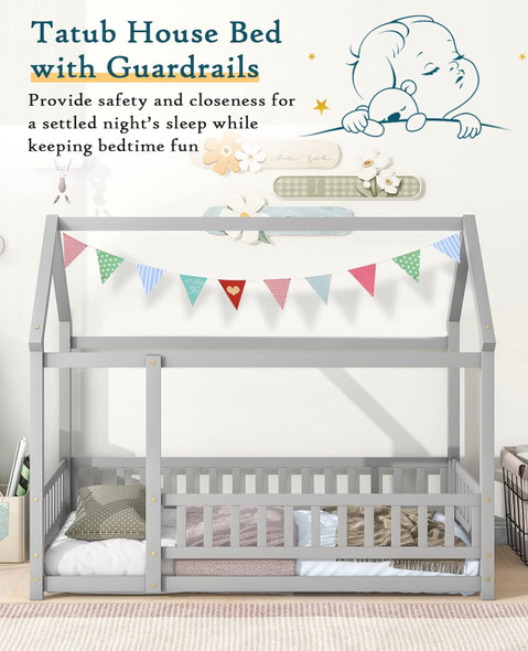 Twin House Bed for Kids Montessori Bed with Railings for Toddler Floor Bed Frame with Roof Wood Grey Pine Wood