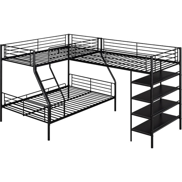 Metal L-Shaped Bunk Bed,Triple Bunk Beds for Kids,-Full Bunk Bed and Twin Size Loft Bed with Four Built-in Shelves