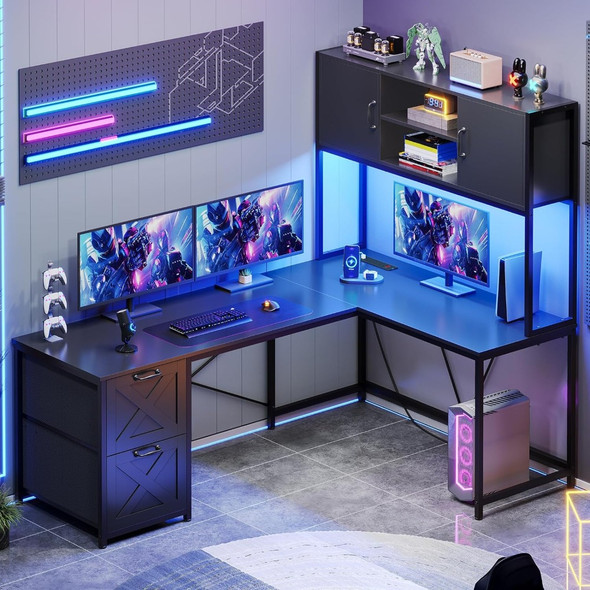 Corner Computer Desk, Reversible L Shaped Computer Desk with Fabric Drawers and Power Outlet, Gaming Desk