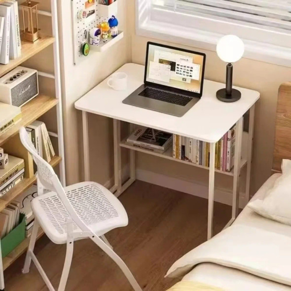 Folding Computer Desk Foldable Student Study Table Portable Mobile Office Desk Household Small Workbench Bookshelf with Wheels