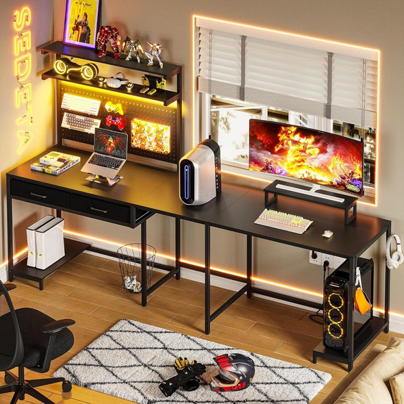 L Shaped Gaming Desk with LED Lights, Pegboard and Drawers with Hutch, Computer with Monitor Stand, Storage Shelves,Gaming Table
