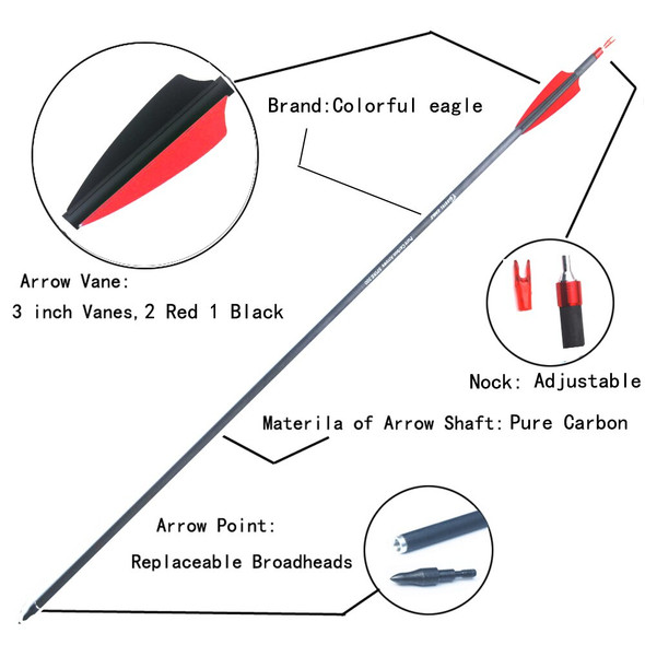 28/30/31inch 300 400 Spine Pure Carbon Arrows Red Black Feather For 28/30/31inch 300 400 Spine Pure Carbon Arrows Red Black Feather For
